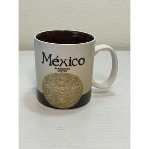 Starbucks Mexico Coffee Mug 16oz Cream Brown Aztec Sun Stone Pyramid Excellent